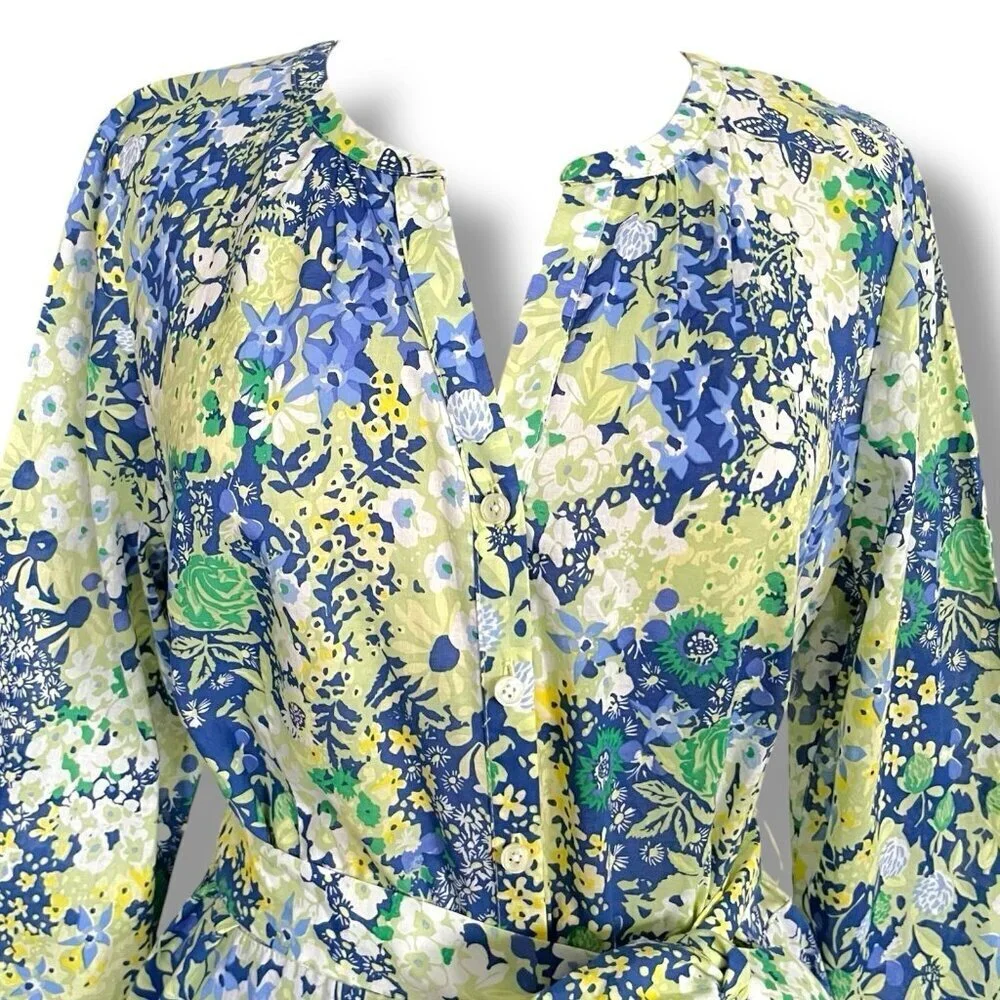 Talbots Womens Midi Dress Sz 14P 14 Petite Blue Butterfly Floral Belted Cotton